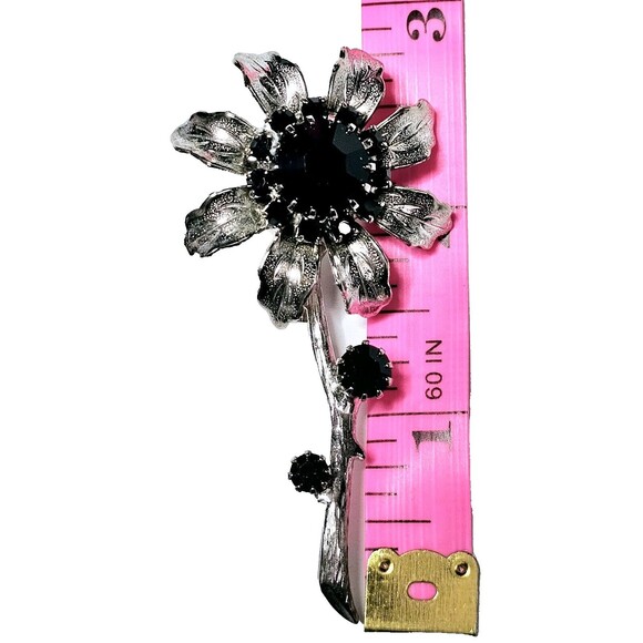 Flower Brooch Prong Set Black Crystal Silver Tone Dahlia Sunflower Daisy VTG EUC - Picture 10 of 11